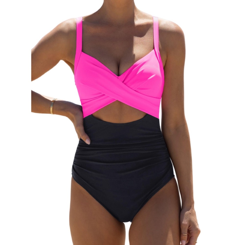 NWT Popvil Womens One Piece Swimsuit Neon Pink Black Tummy Control Cutout XL